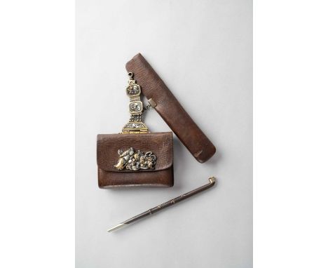 A JAPANESE TABAKO-IRE (TOBACCO POUCH) WITH MIXED METALS FITTINGSMEIJI ERA, 19TH CENTURYThe leather pouch with a mae-kanagu mo