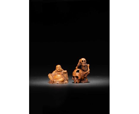 TWO WOOD NETSUKE 20TH CENTURYThe first carved as Hotei, the God of Good Fortune depicted seated holding prayer beads, inscrib
