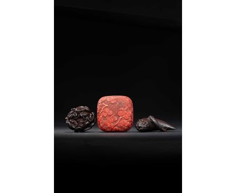THREE JAPANESE NETSUKE MEIJI ERA, 19TH CENTURYThe first a square tsuishu lacquer hako netsuke, both sides decorated with pine