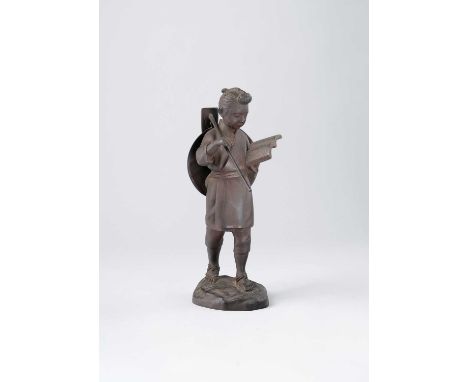 A JAPANESE BRONZE OKIMONO OF NINOMIYA SONTOKU  MEIJI OR LATER, 20TH CENTURY  Typically depicted as a boy, carrying an adze ov