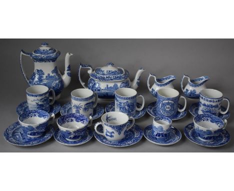 A Collection of Spode Blue and White Teawares to Include Italian Patterned Teapot, Coffee Pot, Various Patterned Mugs, Saucer