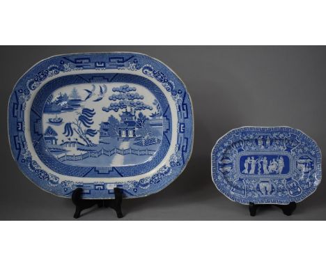 A Large Late 19th Century Willow Pattern Meat Platter together with a Spode Blue Room Collection Greek Pattern Example, 45cms