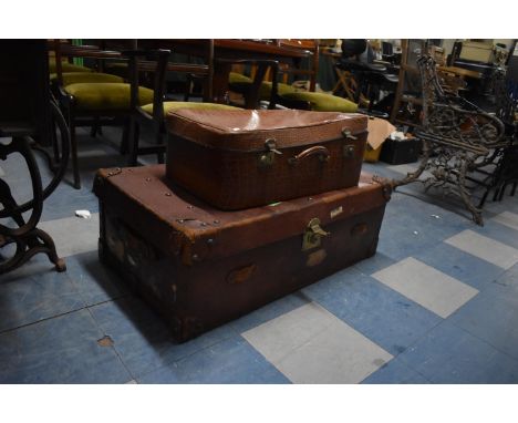 A Vintage Leather Travelling Trunk and a Faux Crocodile Skin Suitcase 