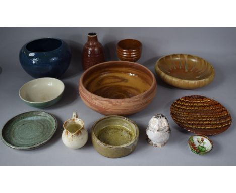 A Collection of Studio Art Pottery to include Slipware Plate (Glued) Bowl, Blue Glazed Example, Owl Ornament (Signed to Base)