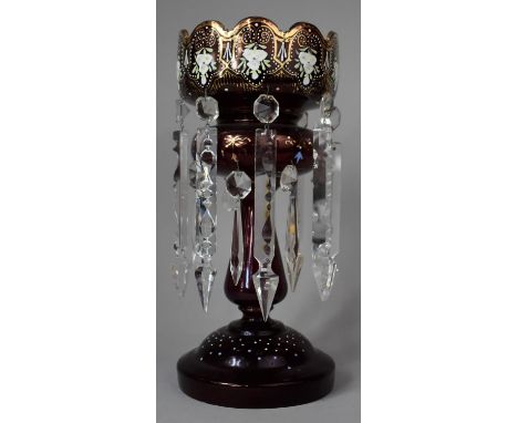 A Late Victorian Painted Ruby Glass Lustre, Two Droppers Requiring Attention, 36.5cm High 