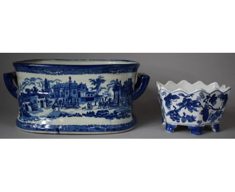 A Large Blue and White Reproduction Footbath (Hairline to Base) Together with a Blue and White Moyses Stevens Planter, Footba