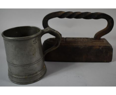 A Victorian Pewter Pint Measure Together with a Cast Iron Billard Table Iron by R H Lees, Manchester 