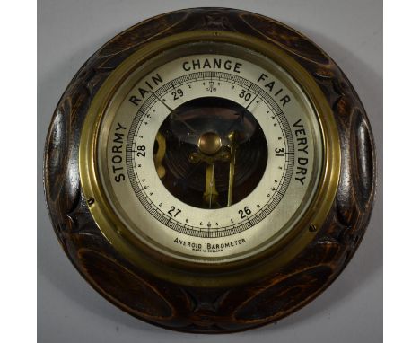 An Oak Framed Circular Aneroid Wall Barometer, 16.5cm Diameter 