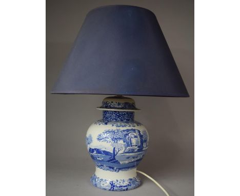 A Large Spode Italian Pattern Baluster Shaped Ceramic Table Lamp with Blue Shade, 57cms Total 