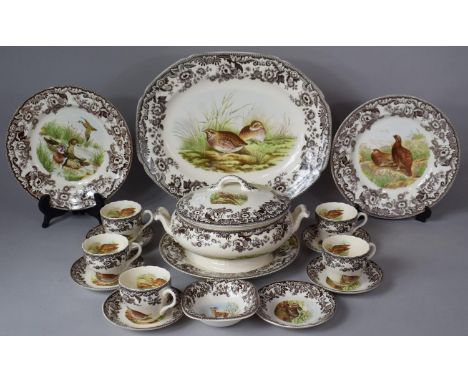 A Spode Woodland Pattern Breakfast Set to Comprise Oval Serving Dish, Lidded Tureen, Three large Plates, Five Teacups, Six Sa
