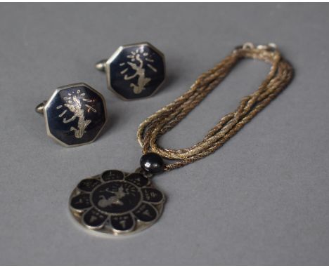 A Siam Silver Chain and Circular Fob Together with a Pair of Enamelled Silver Cufflinks, Stamped 925 and Sterling 