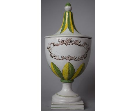 A 20th Century Faience Glazed Terracotta Vase and Cover of Urn Form on Circular Pedestal Foot and Square Base, Having Trumpet