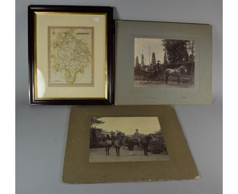 A Framed Map of Warwickshire, Picture Frame and Two Mounted Vintage Photographs 