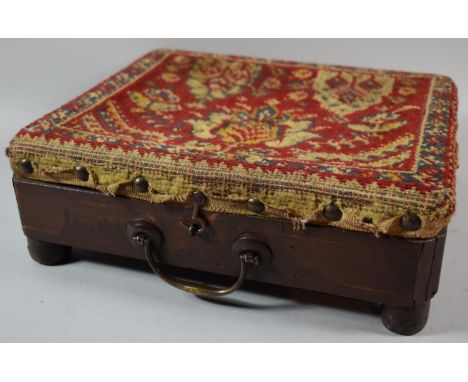An Edwardian Tapestry Topped Box Footstool with Brass Carrying Handle, 29cm Wide 
