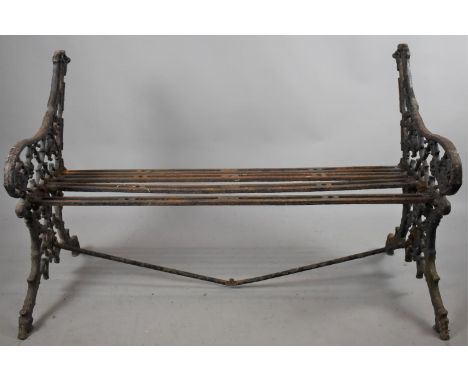 A Coalbrookdale Style Cast Iron Garden Bench with Branch and Flower Decoration in Need of Some Attention and Missing Back Rai