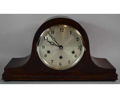 An Edwardian Oak Cased Napoleon Hat Triple Chime Mantle Clock with Key and Pendulum, Working Order, 41cm Wide 