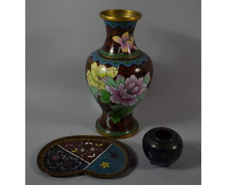 A Cloisonne Enamel Oriental Vase, Kidney Shaped Dish and Small Inkpot 