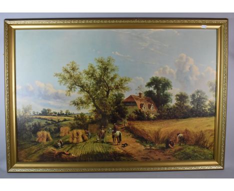 A Large Gilt Framed Print Depicting 19th Century Harvest Scene, 90cm Wide 