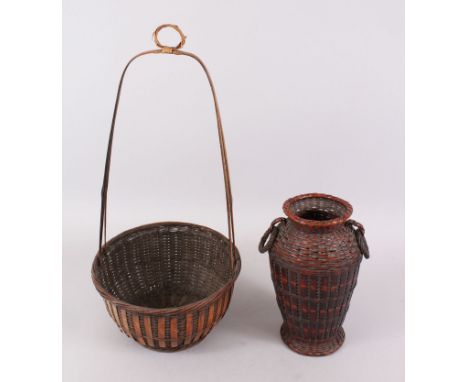 TWO FINE JAPANESE MEIJI PERIOD WOVEN BAMBOO IKEBANA BASKET ARTIST SIGNED, one woven basket with a formed handle 57cm high inc