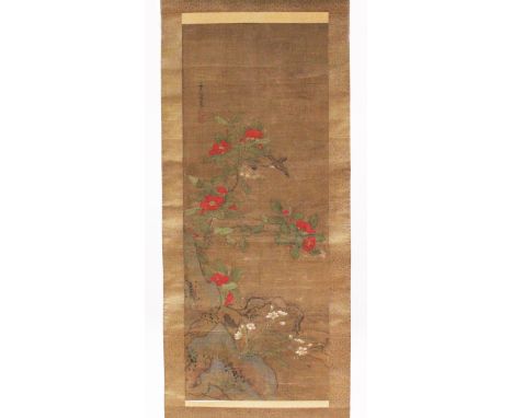 A GOOD CHINESE 18TH / 19TH CENTURY HAND PAINTED ON TEXTILE SCROLL, the ends with ivory roundel's, the painting depicting scen