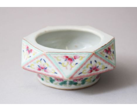 A CHINESE GUANGXU DIAMOND FORM FAMILLE ROSE PORCELAIN BRUSH WASHER, the interior with an iron red dragon, the exterior with e