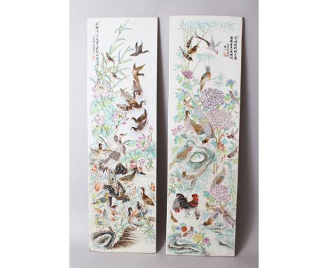 A PAIR OF CHINESE REPUBLIC FAMILLE ROSE PORCELAIN TILE / PLAQUES, both enamel decorated with scenes of birds amongst native f