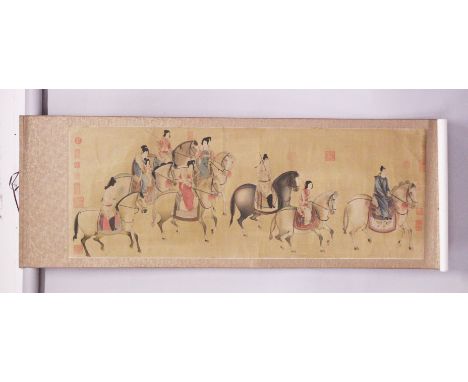 A CHINESE 19TH / 20TH CENTURY HANGING SCROLL PICTURE ON PAPER, depicting scenes of figures upon horseback, with many differen