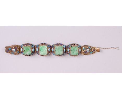 A 20TH CENTURY CHINESE SOLID SILVER GILT &amp; JADE / ITE &amp; ENAMEL BRACELET IN BOX, the bracelet with fine pierced base w