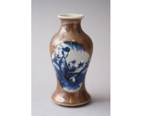 A 19TH CENTURY CHINESE CAFE AU LAIT GLAZED BALUSTER SHAPED PORCELAIN VASE, with blue and white panels of figures in landscape