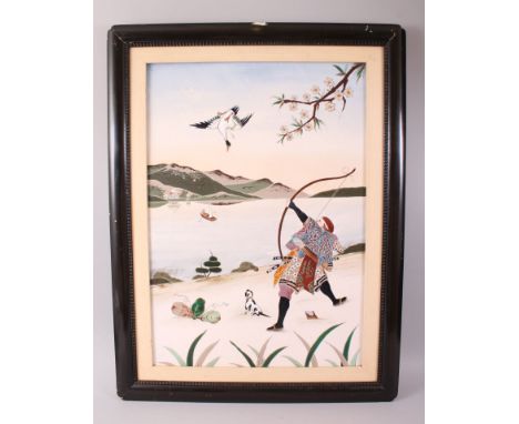 A GOOD JAPANESE MEIJI PERIOD FRAMED ENAMEL PANEL, depicting scenes of an archer and his dog shooting a goose, set within a tr