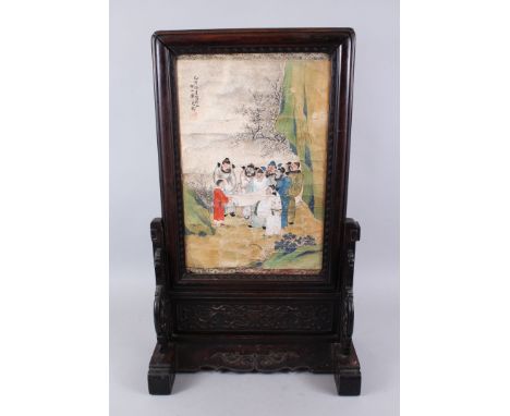 A 19TH CENTURY CHINESE PAINTED &amp; HARDWOOD TABLE SCREEN,  the central panel painted on paper with scenes of 7 Chinese scho