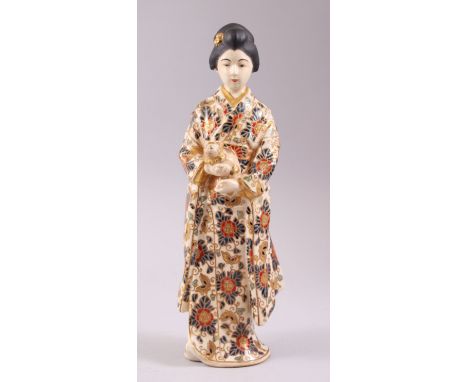 A GOOD JAPANESE MEIJI PERIOD SATSUMA PORCELAIN FIGURE OF A GEISHA GIRL, stood wearing traditional robes and holding a cat in 