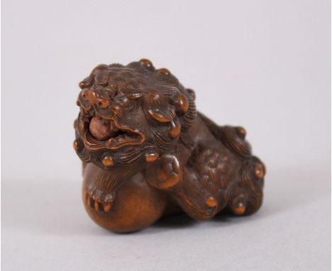 A FINE JAPANESE EDO PERIOD CARVED NETSUKE OF A SHI SHI DOG UPON A BALL, the shi shi dog modelled with his paws upon a ball of