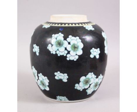 A 19TH CENTURY CHINESE FAMILLE NOIRE PORCELAIN JAR,  with enamel decoration of floral buds, 22cm high x 21cm wide.