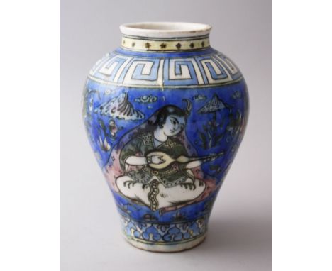 A GOOD ISLAMIC PORCELAIN JAR / VASE, decorated with scenes of two ladies, one playing an instrument and one holding a bottle,