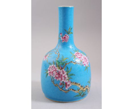 A CHINESE BLUE GROUND ENAMEL YAO LING ZHUN BOTTLE SHAPE PORCELAIN VASE, with incised scroll decoration beneath a spray of nat