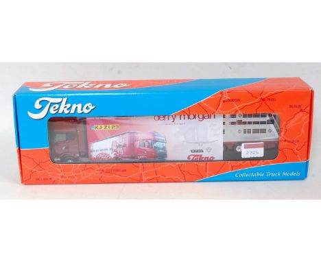 A Tekno 1/50 scale No. 9829AB Derry Morgan 1.50 scale model of a Scania R730 V8 tractor unit with livestock trailer limited e