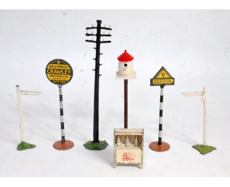 A collection of Britains civilian and road series accessories to include school 'safety first' sign, Crawley 'safety first' s
