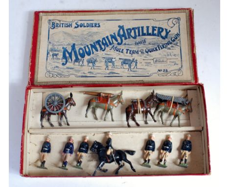A Britains No. 28 mountain artillery with mule team and quick firing gun gift set, comprising of mounted empty handed officer