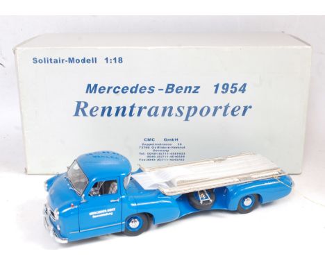 A CMC Exclusive Models No. M-036 Mercedes Benz 1954 Renntransporter car transporter 1/18 scale comprising of blue body with b