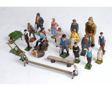 Two trays containing a quantity of Britains farm and civilian figures to include No. 618 boy &amp; girl on seesaw, lawnmower 