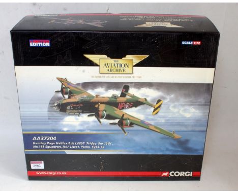 A Corgi Aviation Archive 1/72 scale model No. AA37204 Handley-Page Halifax B3 (Friday 13th) flying aircraft, appears as issue