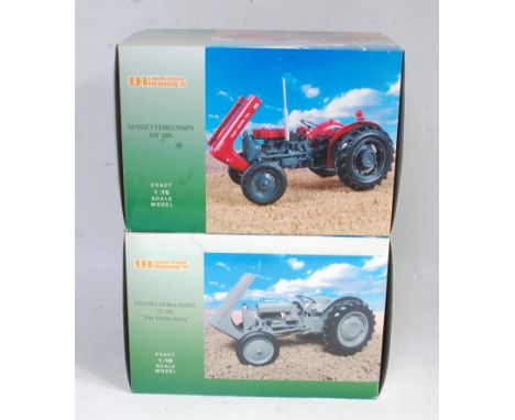 A Universal Hobbies 1/16 scale boxed Massey Ferguson tractor group to include a Massey Ferguson MF35X together with a Massey 