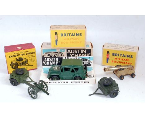 A collection of Britains boxed and loose military field guns and vehicles to include a No. 1263 Royal artillery gun (VG,BG),a