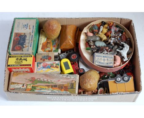 One tray containing a quantity of Britains and other lead hollow cast farming items and related diecast vehicles to include a