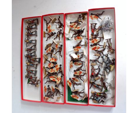Four trays containing a quantity of various Britains and reproduction Zulu and Togo-land figures to include charging Zulu wit