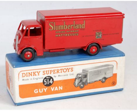 A Dinky Toys No. 541 Slumberland Mattresses guy van comprising red body with red hubs, and matching back with Slumberland Mat