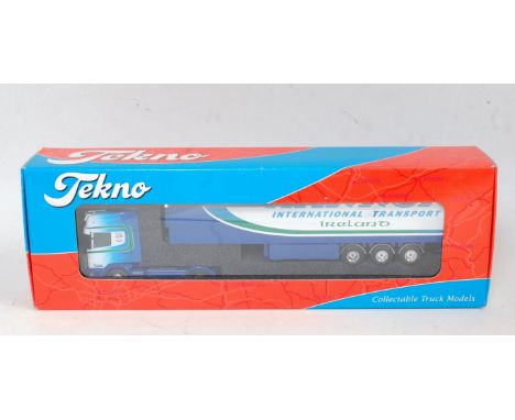 A Tekno 1/50 scale model of a Hannon International Transport Scania 164 tractor unit with refrigerated trailer, appears as is