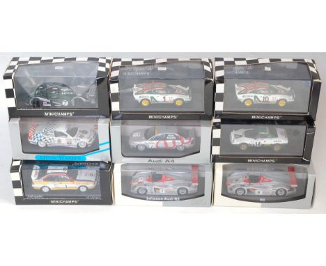 Nine various boxed Minichamps 1/43 scale high speed racing diecast group to include Lancia Stratos Alitalia Monte Carlo 1975 