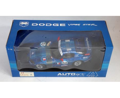 An Autoart Racing Division 1:18 scale model of a Dodge Viper Le Mans GTSR, 2002 edition, finished in blue Play Station 2 live